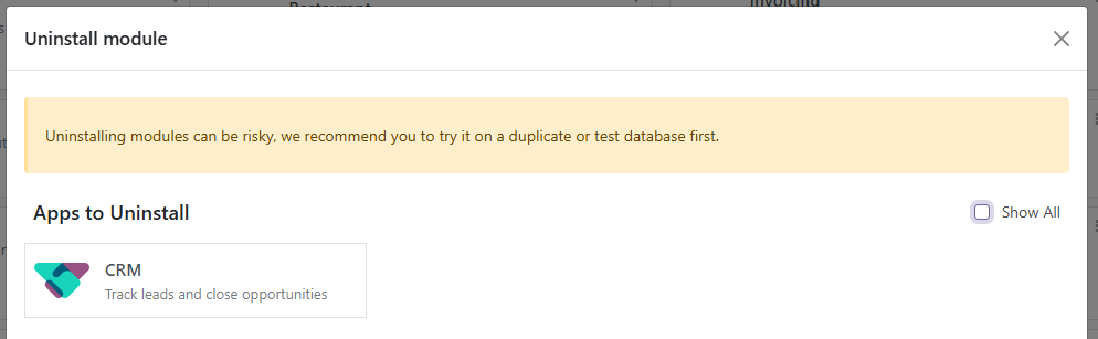 Odoo's warning when uninstalling a module
